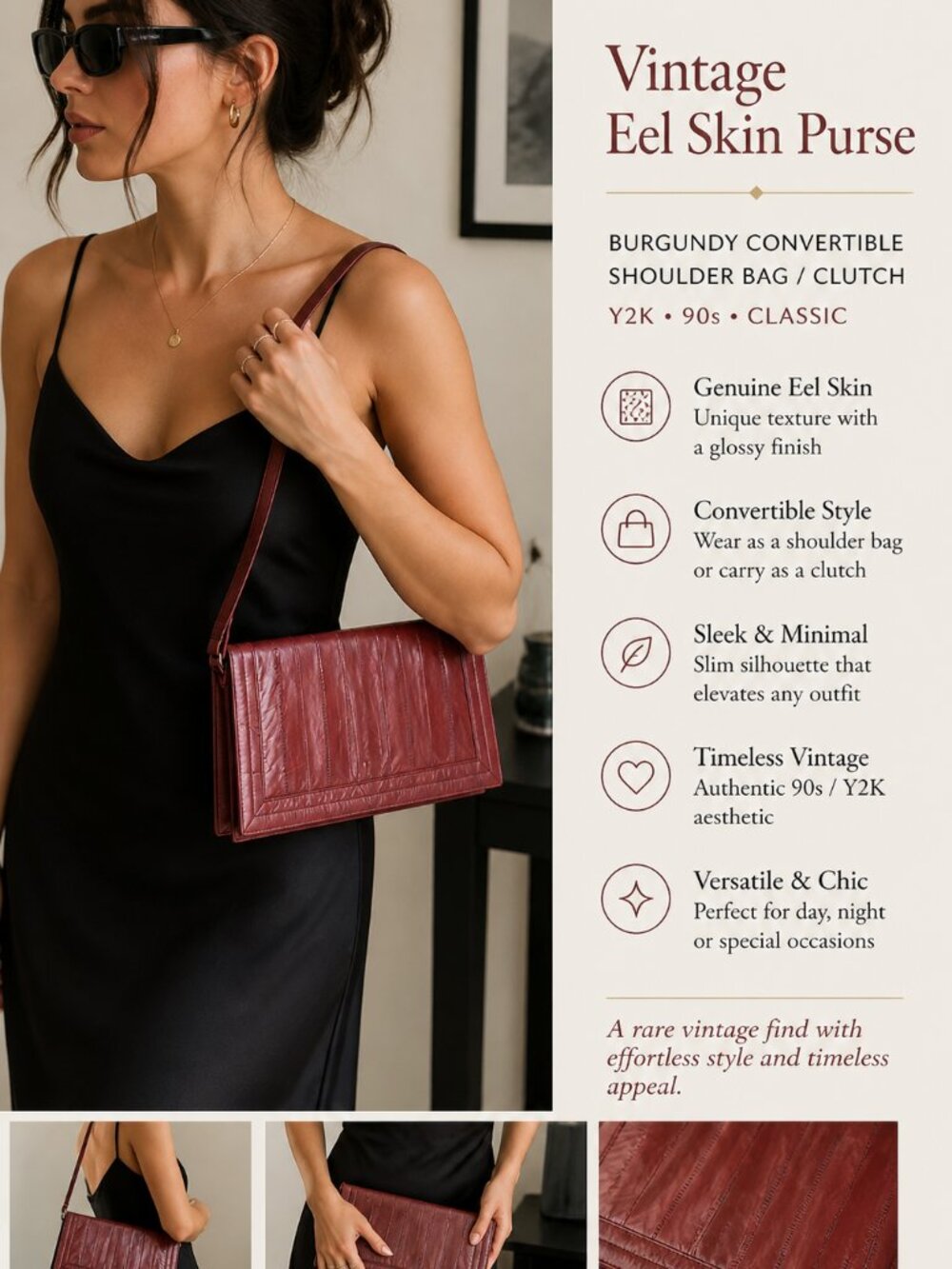 Vintage Eel Skin Purse Burgundy Convertible Shoulder Bag Y2k 90s Classic